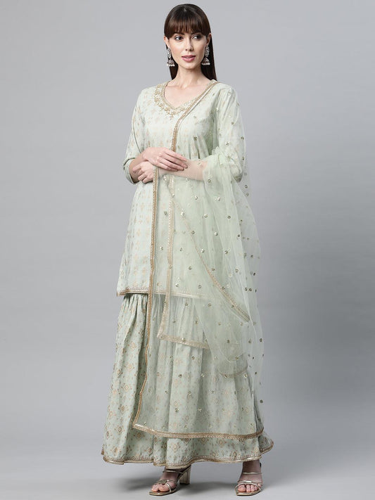 Sea Green Golden Printed Kurta Sharara Set With Dupatta | LASVINI - Redefining Indian Fashion with Elegance