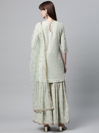 Sea Green Golden Printed Kurta Sharara Set With Dupatta | LASVINI - Redefining Indian Fashion with Elegance