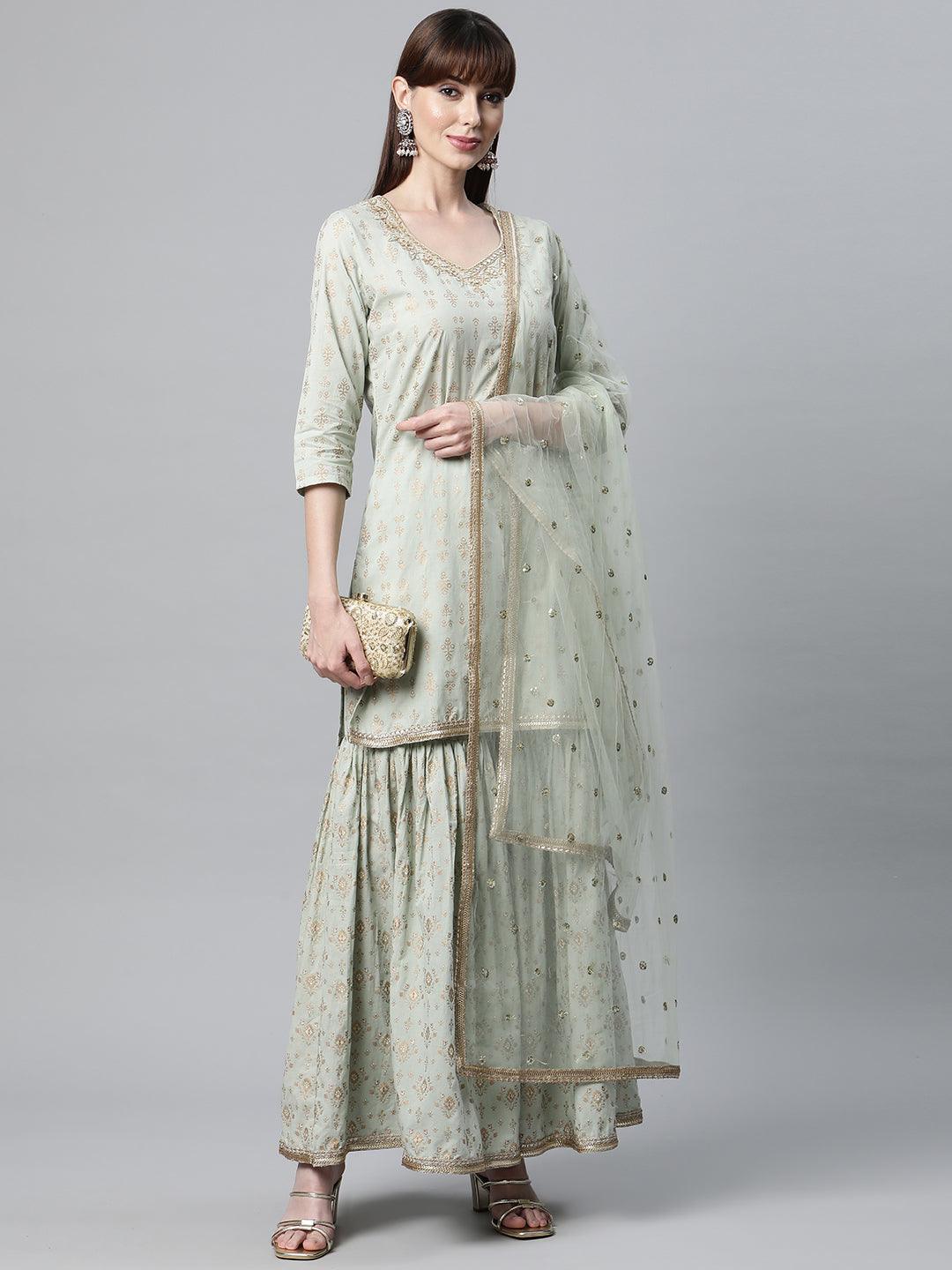 Sea Green Golden Printed Kurta Sharara Set With Dupatta | LASVINI - Redefining Indian Fashion with Elegance