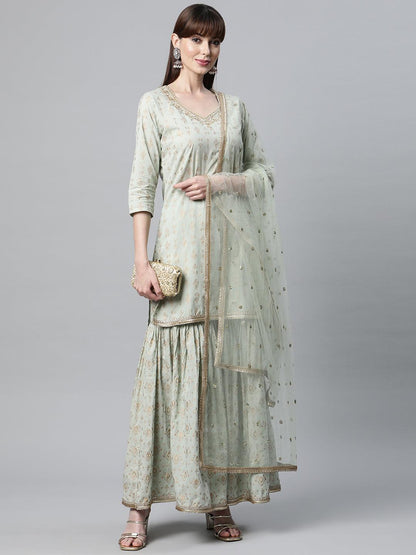 Sea Green Golden Printed Kurta Sharara Set With Dupatta | LASVINI - Redefining Indian Fashion with Elegance