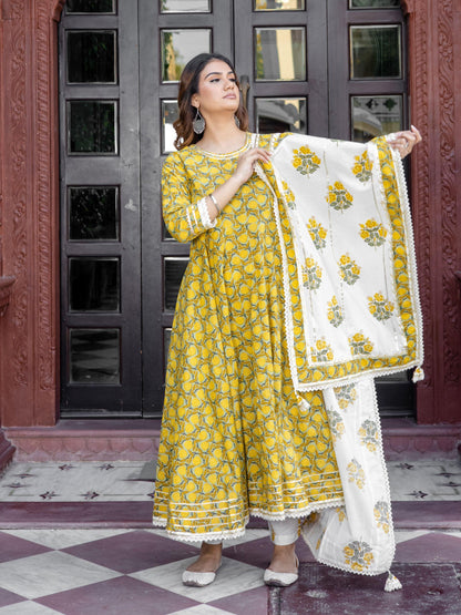 Mustard Cotton Anarkali Kurta Pant Set With Dupatta | LASVINI - Redefining Indian Fashion with Elegance