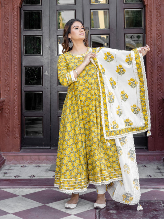 Mustard Cotton Anarkali Kurta Pant Set With Dupatta | LASVINI - Redefining Indian Fashion with Elegance
