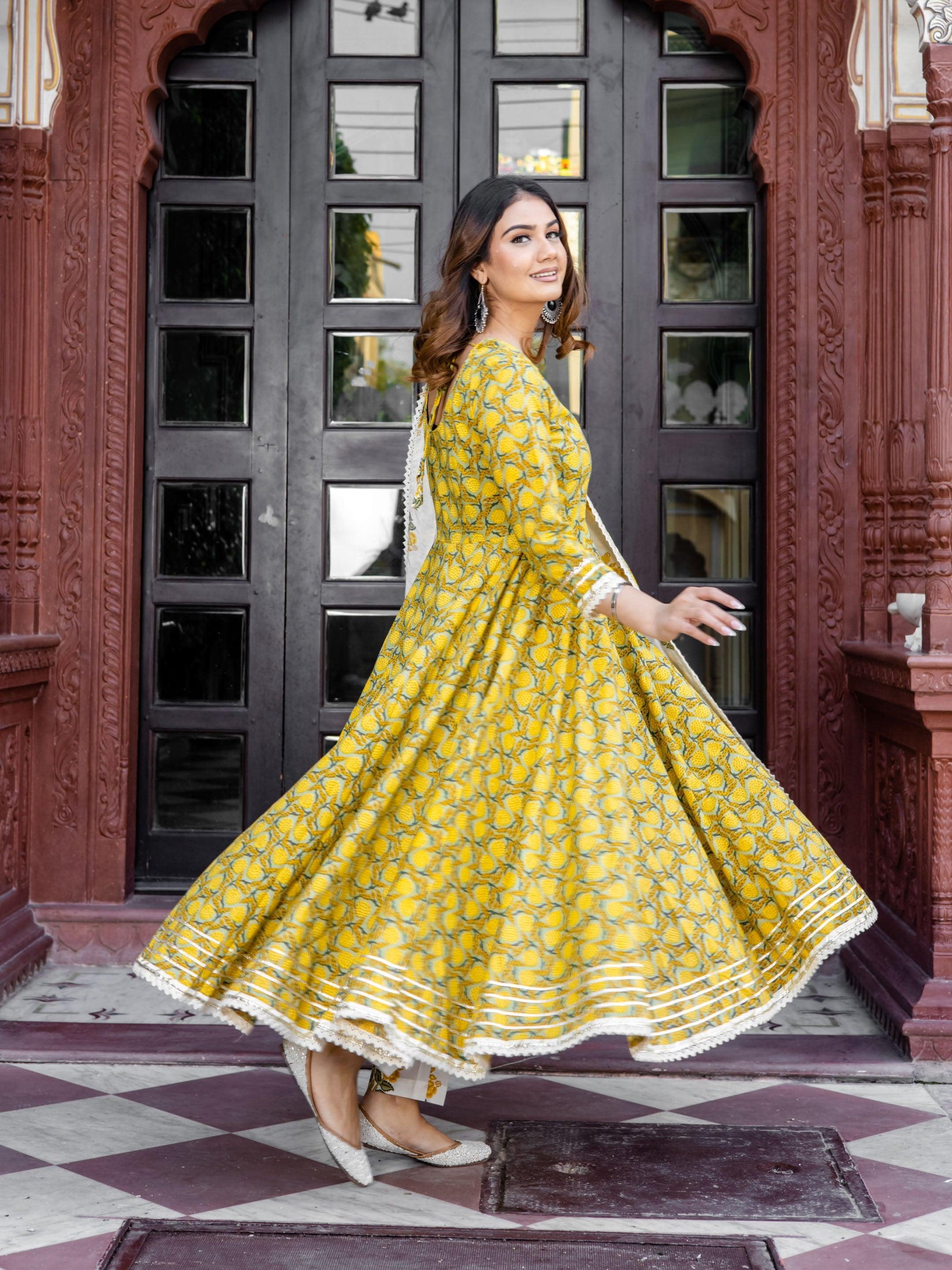 Mustard Cotton Anarkali Kurta Pant Set With Dupatta | LASVINI - Redefining Indian Fashion with Elegance