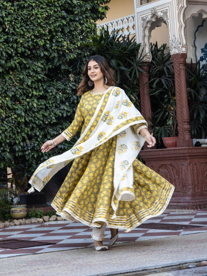 Mustard Cotton Anarkali Kurta Pant Set With Dupatta | LASVINI - Redefining Indian Fashion with Elegance