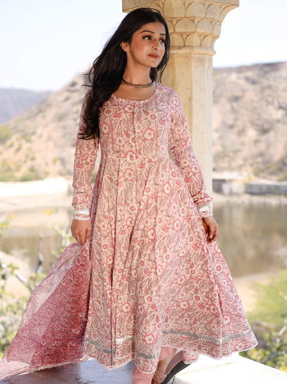 Baby Pink Cotton Anarkali Kurta Pant Set With Dupatta | LASVINI - Redefining Indian Fashion with Elegance