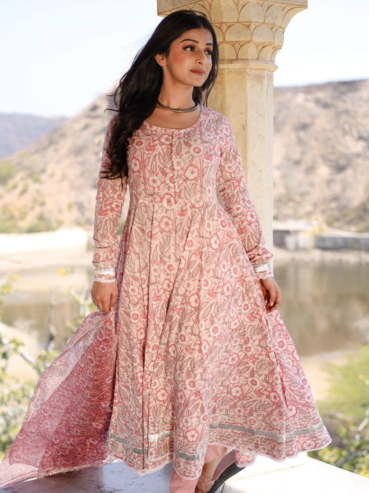 Baby Pink Cotton Anarkali Kurta Pant Set With Dupatta | LASVINI - Redefining Indian Fashion with Elegance