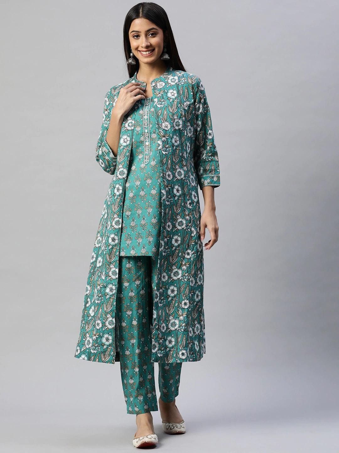 Green Cotton Floral Printed Three Piece Indowestern Kurta Pant Set With Jacket | LASVINI - Redefining Indian Fashion with Elegance