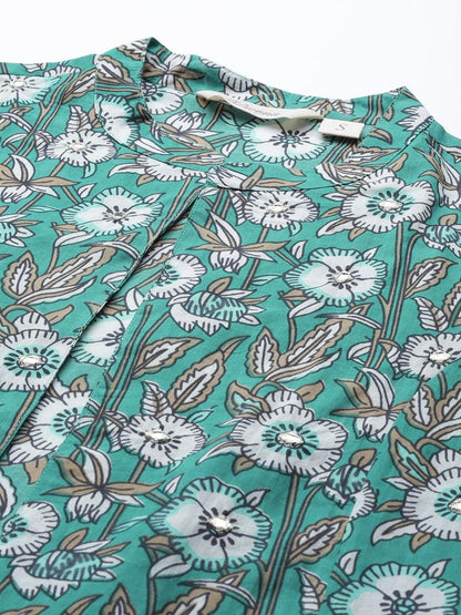Green Cotton Floral Printed Three Piece Indowestern Kurta Pant Set With Jacket | LASVINI - Redefining Indian Fashion with Elegance