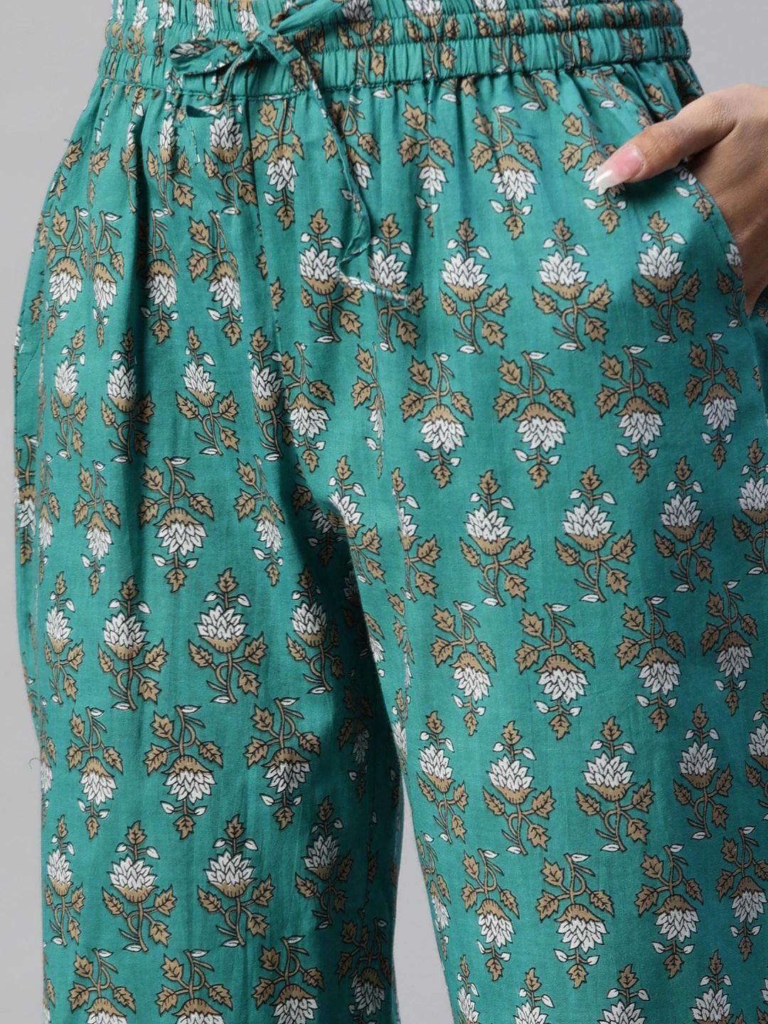 Green Cotton Floral Printed Three Piece Indowestern Kurta Pant Set With Jacket | LASVINI - Redefining Indian Fashion with Elegance