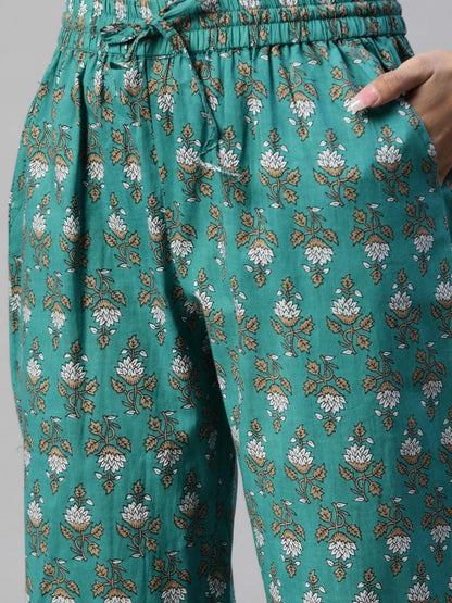 Green Cotton Floral Printed Three Piece Indowestern Kurta Pant Set With Jacket | LASVINI - Redefining Indian Fashion with Elegance
