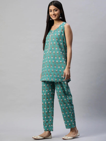 Green Cotton Floral Printed Three Piece Indowestern Kurta Pant Set With Jacket | LASVINI - Redefining Indian Fashion with Elegance