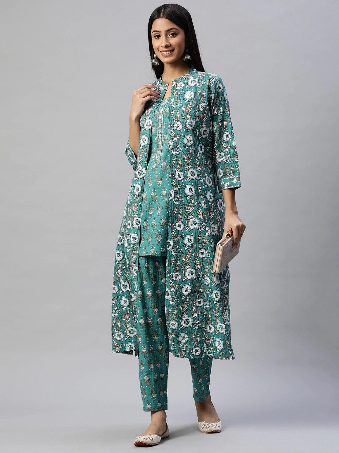 Green Cotton Floral Printed Three Piece Indowestern Kurta Pant Set With Jacket | LASVINI - Redefining Indian Fashion with Elegance