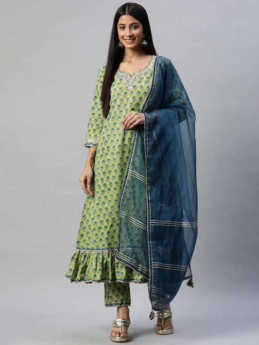 Green Cotton Hand Block Printed Kurta Pant Set With Dupatta | LASVINI - Redefining Indian Fashion with Elegance