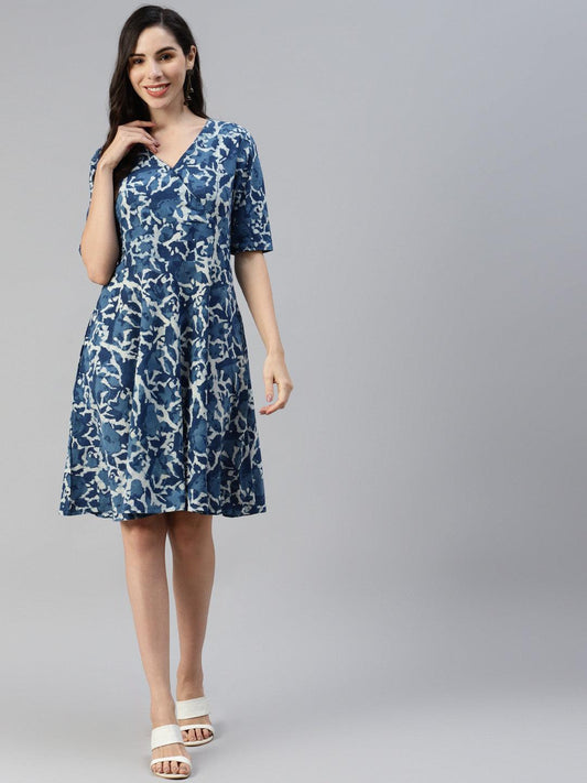 Indigo Hand Block Printed Short Dress | LASVINI - Redefining Indian Fashion with Elegance
