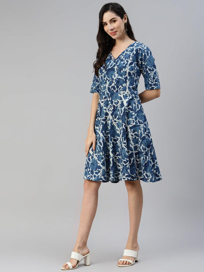 Indigo Hand Block Printed Short Dress | LASVINI - Redefining Indian Fashion with Elegance