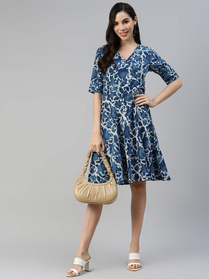 Indigo Hand Block Printed Short Dress | LASVINI - Redefining Indian Fashion with Elegance