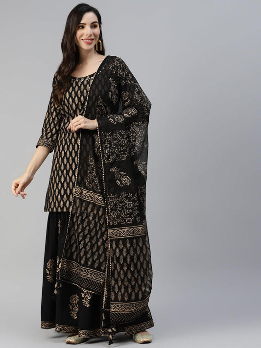 Black Gold Printed Cotton Kurta Sharara Set With Dupatta | LASVINI - Redefining Indian Fashion with Elegance