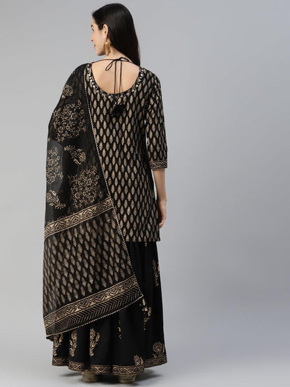 Black Gold Printed Cotton Kurta Sharara Set With Dupatta | LASVINI - Redefining Indian Fashion with Elegance