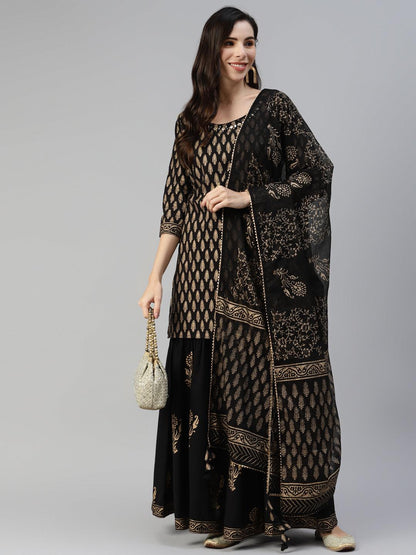 Black Gold Printed Cotton Kurta Sharara Set With Dupatta | LASVINI - Redefining Indian Fashion with Elegance