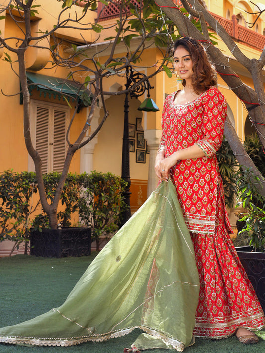 Women Red Cotton Dabu Printed Kurta Sharara Set With Kota Doria Dupatta | LASVINI - Redefining Indian Fashion with Elegance