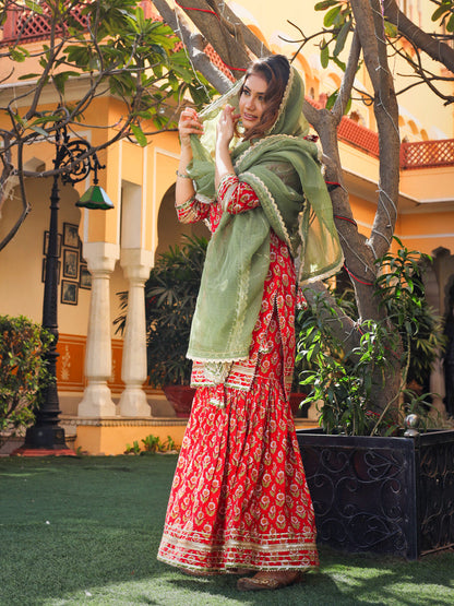 Women Red Cotton Dabu Printed Kurta Sharara Set With Kota Doria Dupatta | LASVINI - Redefining Indian Fashion with Elegance