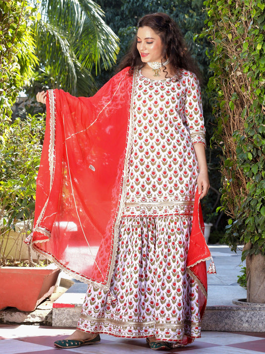 Red & White Cotton Dabu Printed Kurta Sharara Set With Kota Doria Dupatta | LASVINI - Redefining Indian Fashion with Elegance