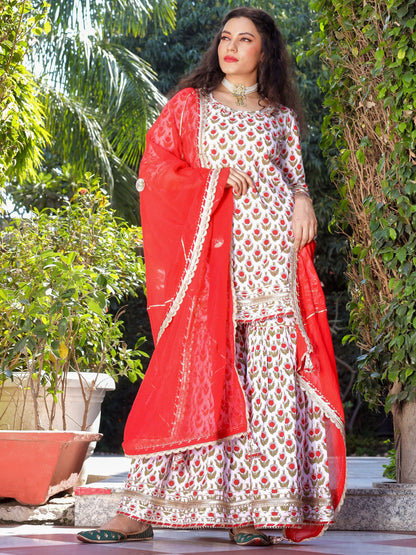 Red & White Cotton Dabu Printed Kurta Sharara Set With Kota Doria Dupatta | LASVINI - Redefining Indian Fashion with Elegance