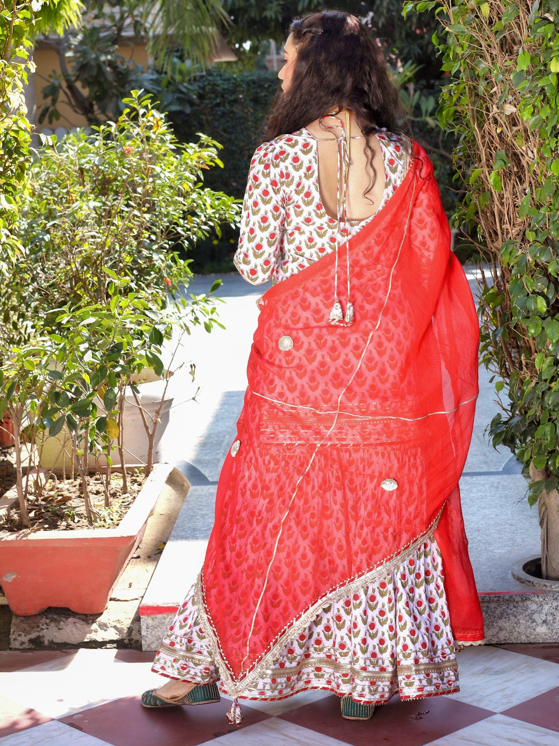 Red & White Cotton Dabu Printed Kurta Sharara Set With Kota Doria Dupatta | LASVINI - Redefining Indian Fashion with Elegance