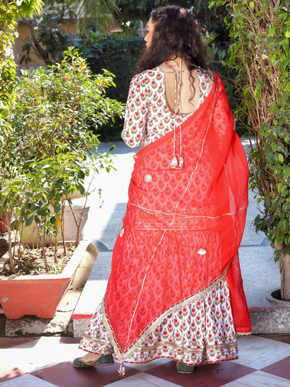 Red & White Cotton Dabu Printed Kurta Sharara Set With Kota Doria Dupatta | LASVINI - Redefining Indian Fashion with Elegance