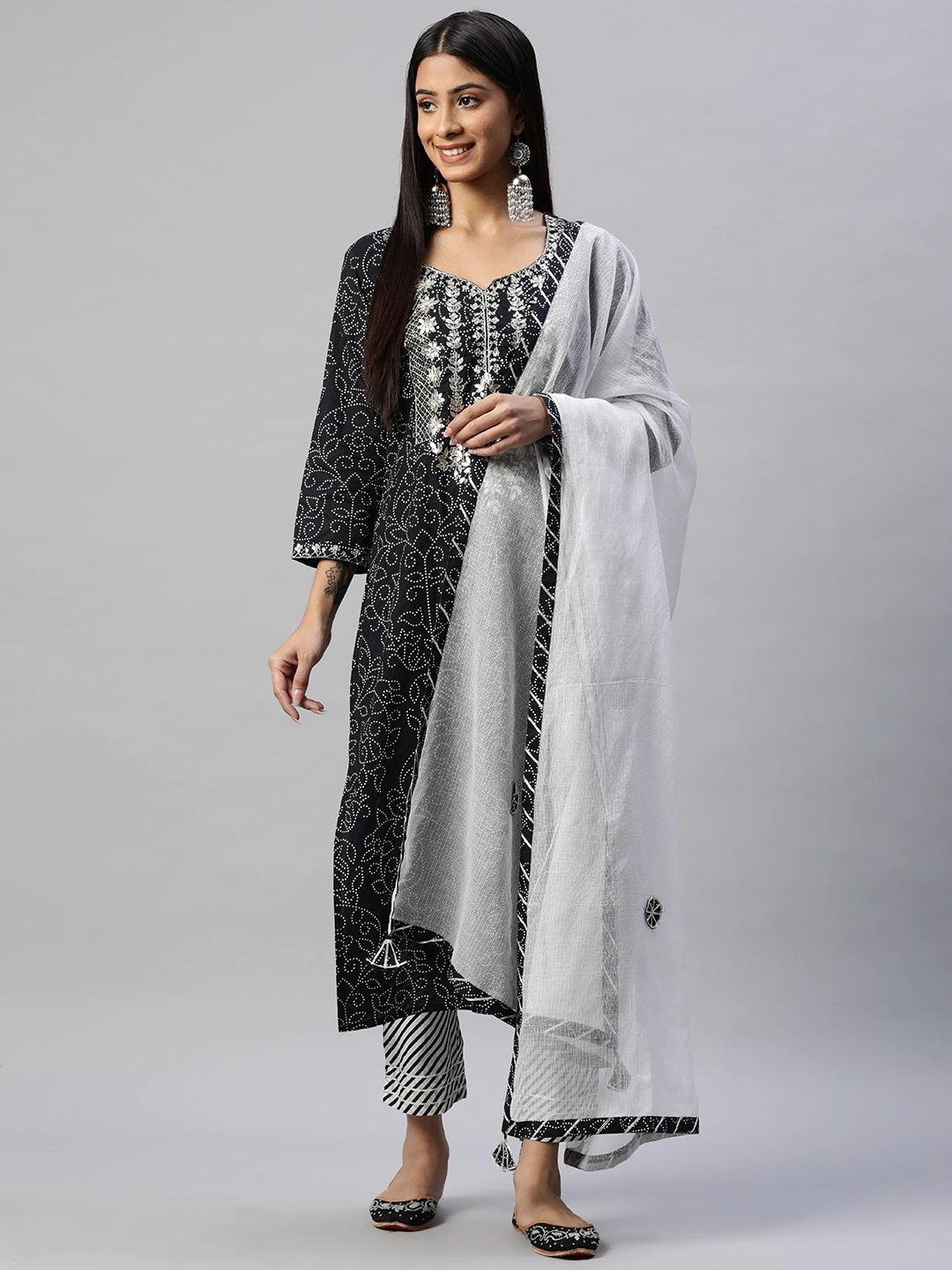 Black And White Cotton Kurta Pant Set With Dupatta | LASVINI - Redefining Indian Fashion with Elegance