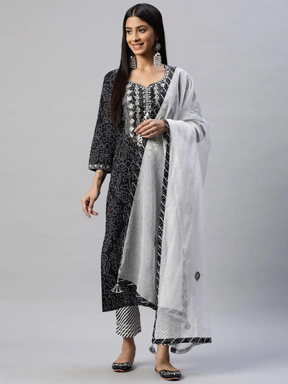 Black And White Cotton Kurta Pant Set With Dupatta | LASVINI - Redefining Indian Fashion with Elegance