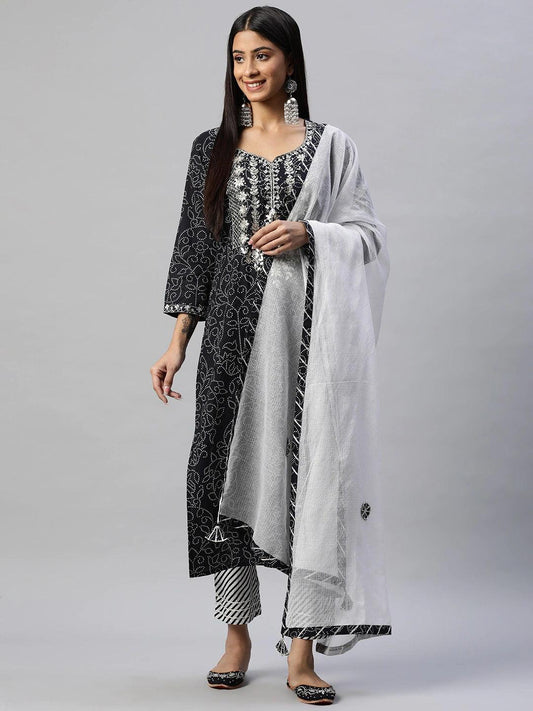 Black And White Cotton Kurta Pant Set With Dupatta | LASVINI - Redefining Indian Fashion with Elegance