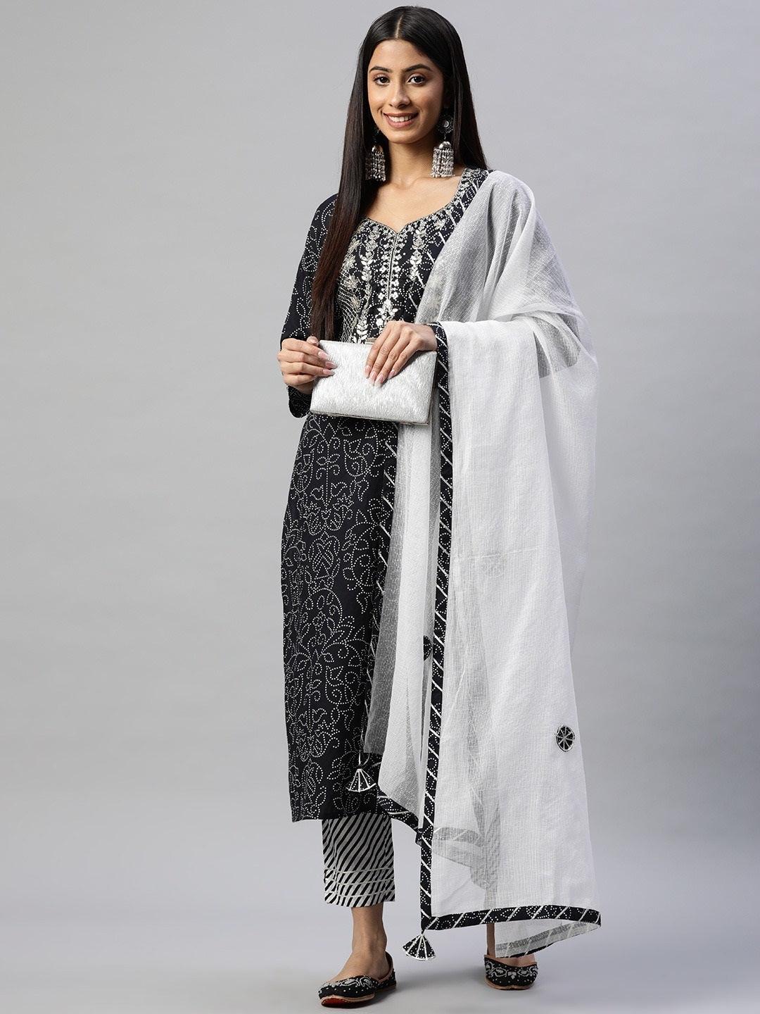Black And White Cotton Kurta Pant Set With Dupatta | LASVINI - Redefining Indian Fashion with Elegance