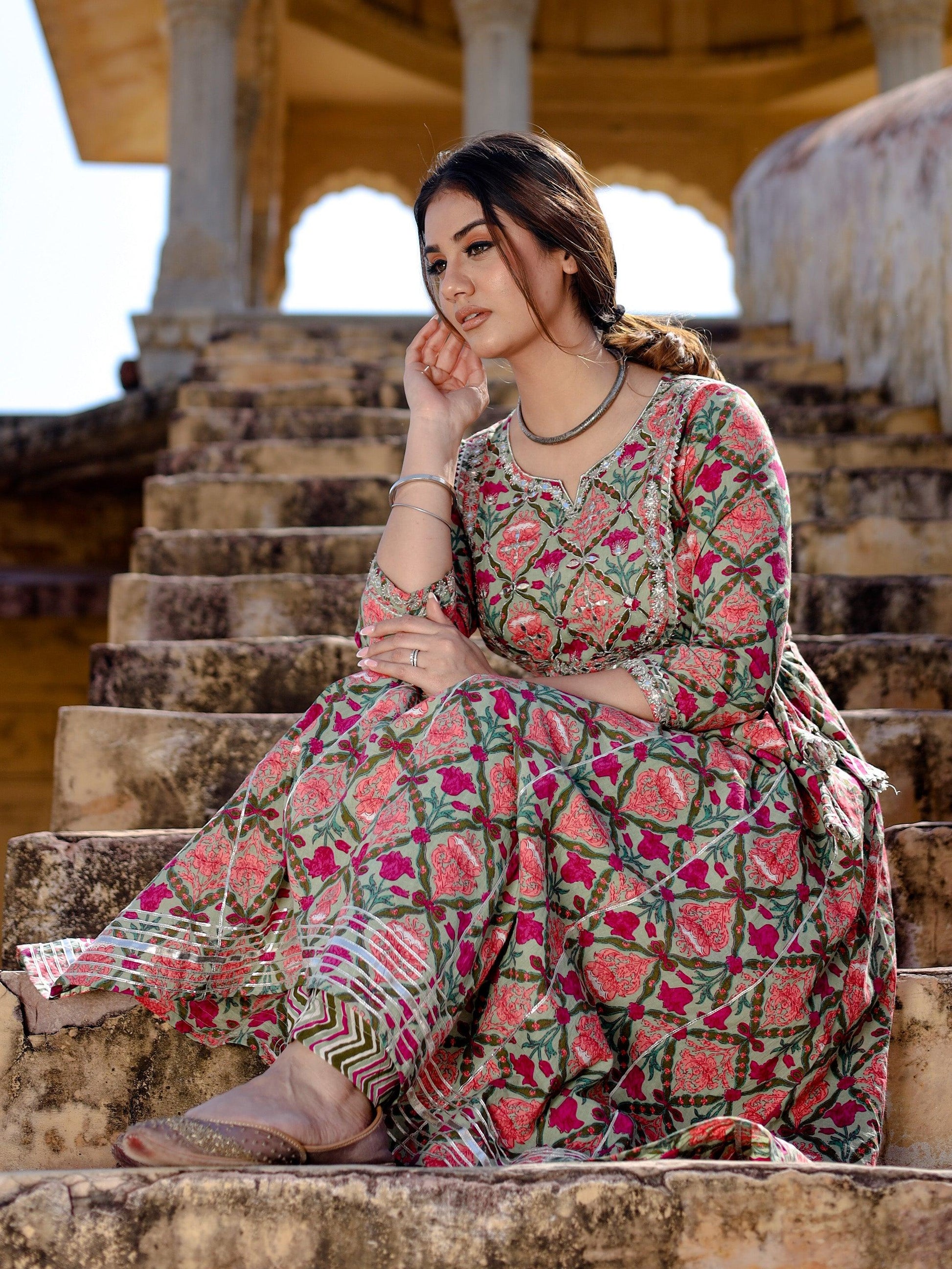 Green Floral Printed Anarkali Kurta Pant Sets | LASVINI - Redefining Indian Fashion with Elegance