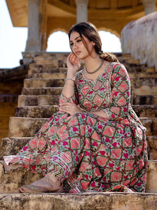 Green Floral Printed Anarkali Kurta Pant Sets | LASVINI - Redefining Indian Fashion with Elegance
