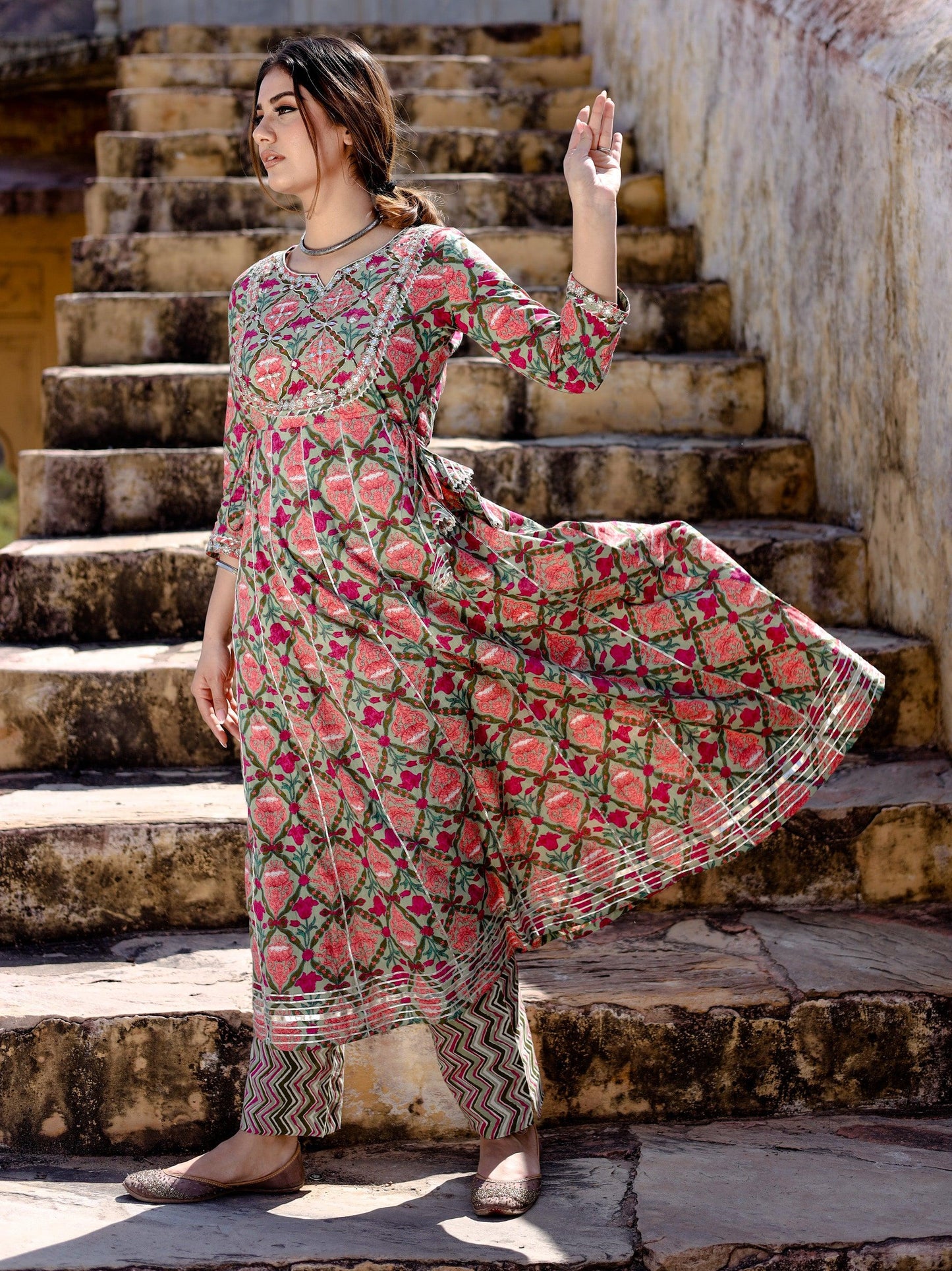 Green Floral Printed Anarkali Kurta Pant Sets | LASVINI - Redefining Indian Fashion with Elegance