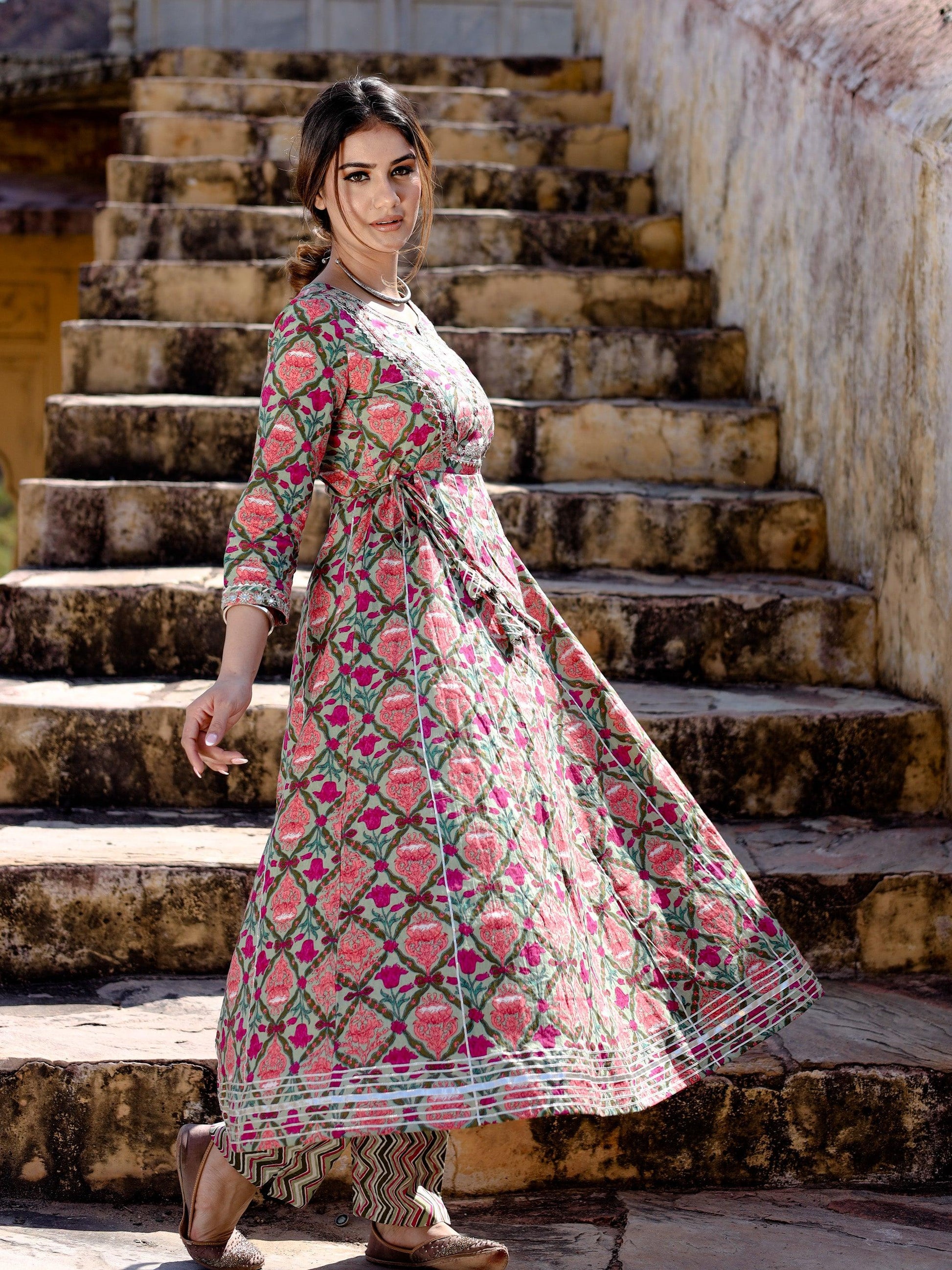 Green Floral Printed Anarkali Kurta Pant Sets | LASVINI - Redefining Indian Fashion with Elegance
