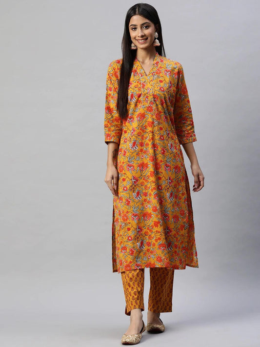 Mustard Cotton Floral Printed Kurta Pant Set | LASVINI - Redefining Indian Fashion with Elegance