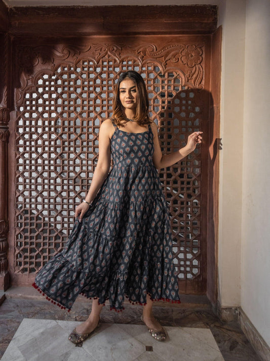 Navy Blue Buti Printed Shoulder Strip Long Dress | LASVINI - Redefining Indian Fashion with Elegance