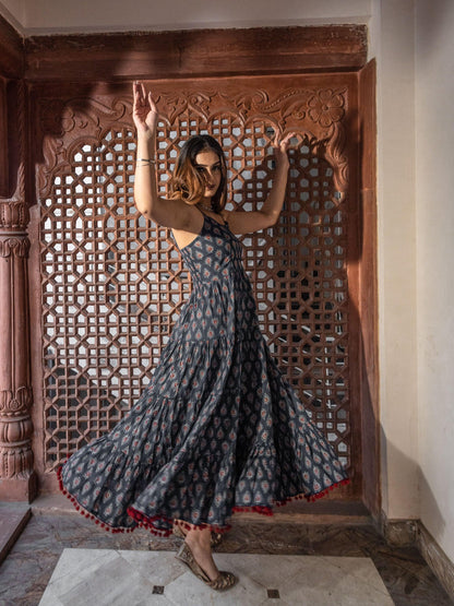 Navy Blue Buti Printed Shoulder Strip Long Dress | LASVINI - Redefining Indian Fashion with Elegance