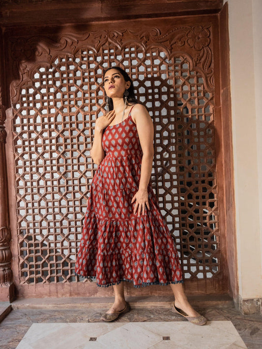 Maroon Buti Printed Shoulder Strip Long Dress | LASVINI - Redefining Indian Fashion with Elegance