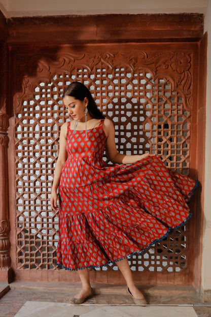 Maroon Buti Printed Shoulder Strip Long Dress | LASVINI - Redefining Indian Fashion with Elegance