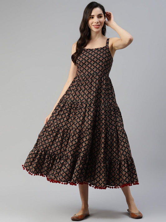 Black Floral Printed Shoulder Strip Long Dress | LASVINI - Redefining Indian Fashion with Elegance