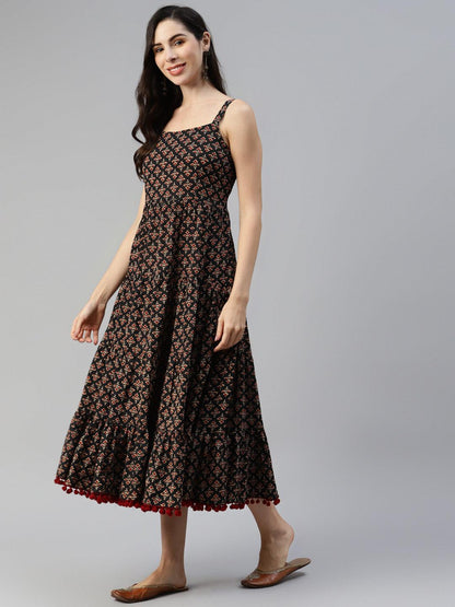 Black Floral Printed Shoulder Strip Long Dress | LASVINI - Redefining Indian Fashion with Elegance