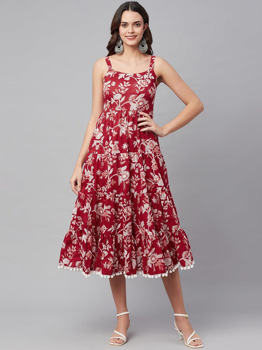 Red Floral Printed Shoulder Strap Long Dress | LASVINI - Redefining Indian Fashion with Elegance