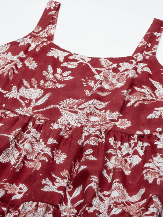 Red Floral Printed Shoulder Strap Long Dress | LASVINI - Redefining Indian Fashion with Elegance