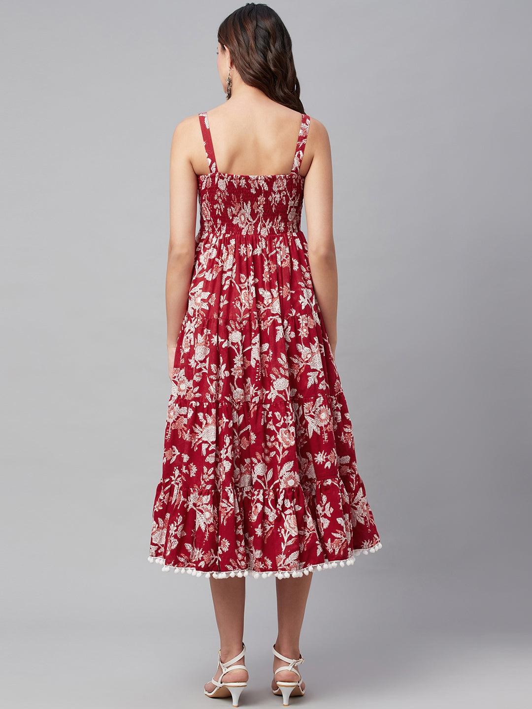 Red Floral Printed Shoulder Strap Long Dress | LASVINI - Redefining Indian Fashion with Elegance