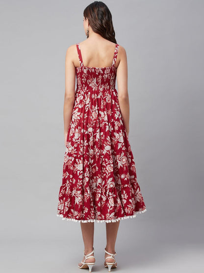 Red Floral Printed Shoulder Strap Long Dress | LASVINI - Redefining Indian Fashion with Elegance
