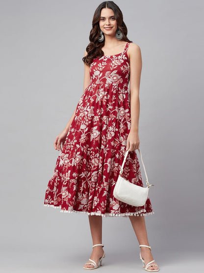 Red Floral Printed Shoulder Strap Long Dress | LASVINI - Redefining Indian Fashion with Elegance