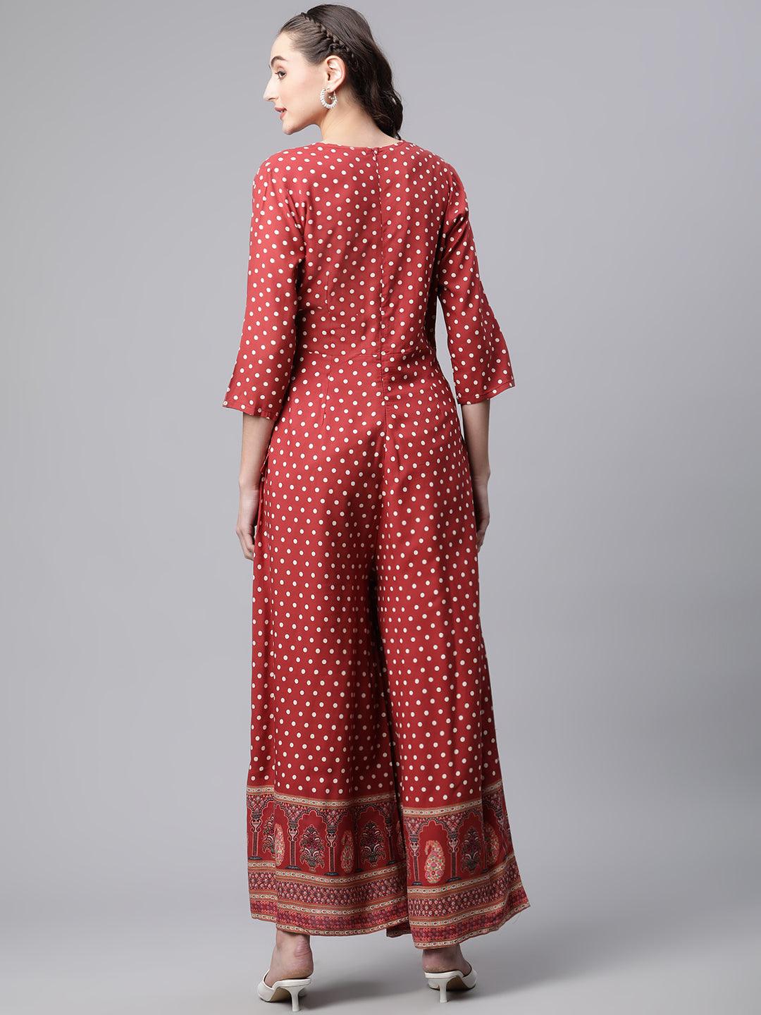 Maroon Polka Dots Printed Jumpsuit | LASVINI - Redefining Indian Fashion with Elegance